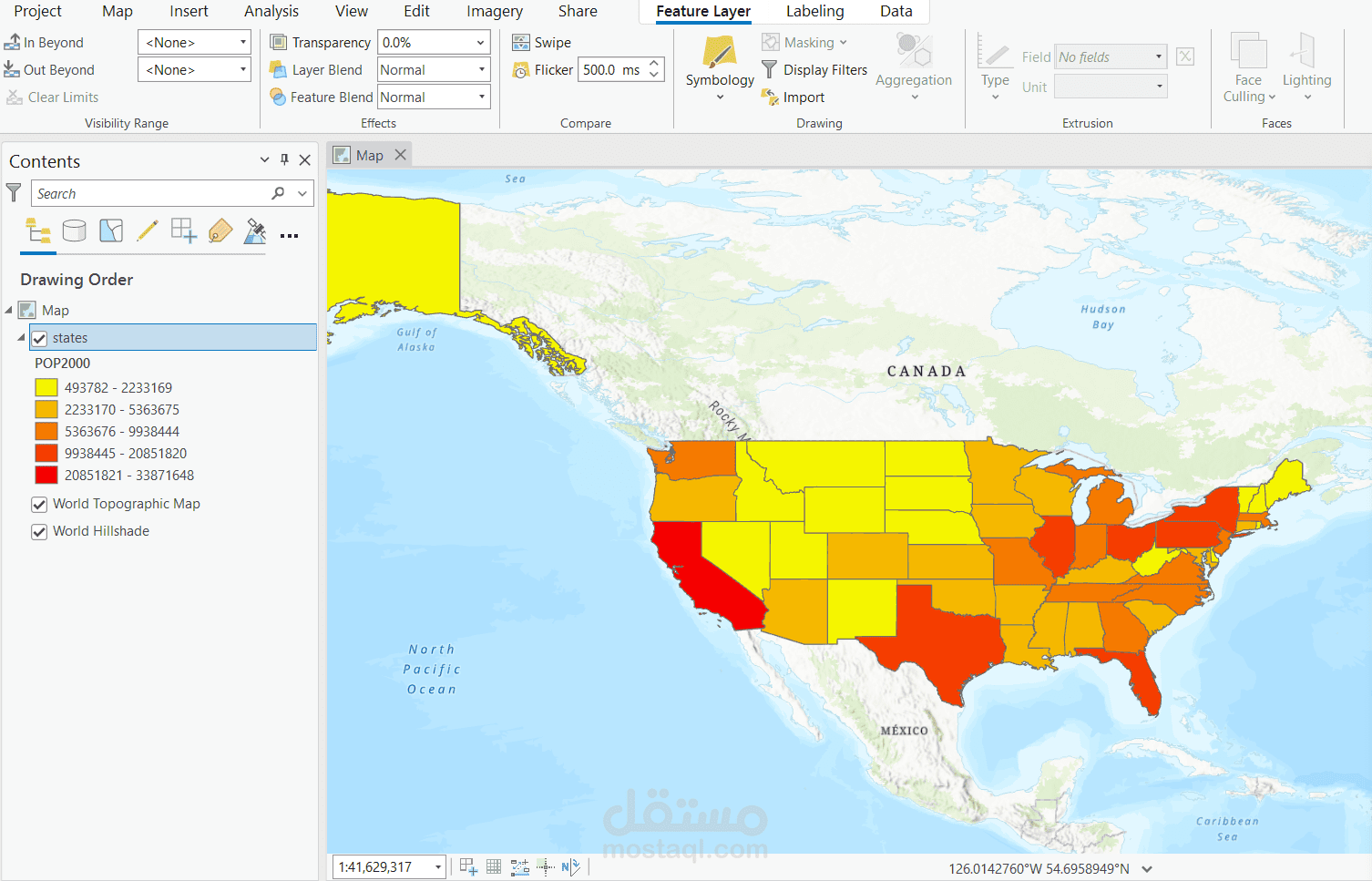 تحليل الكثافة السكانية في الولايات المتحدة باستخدام خريطة التدرج اللوني