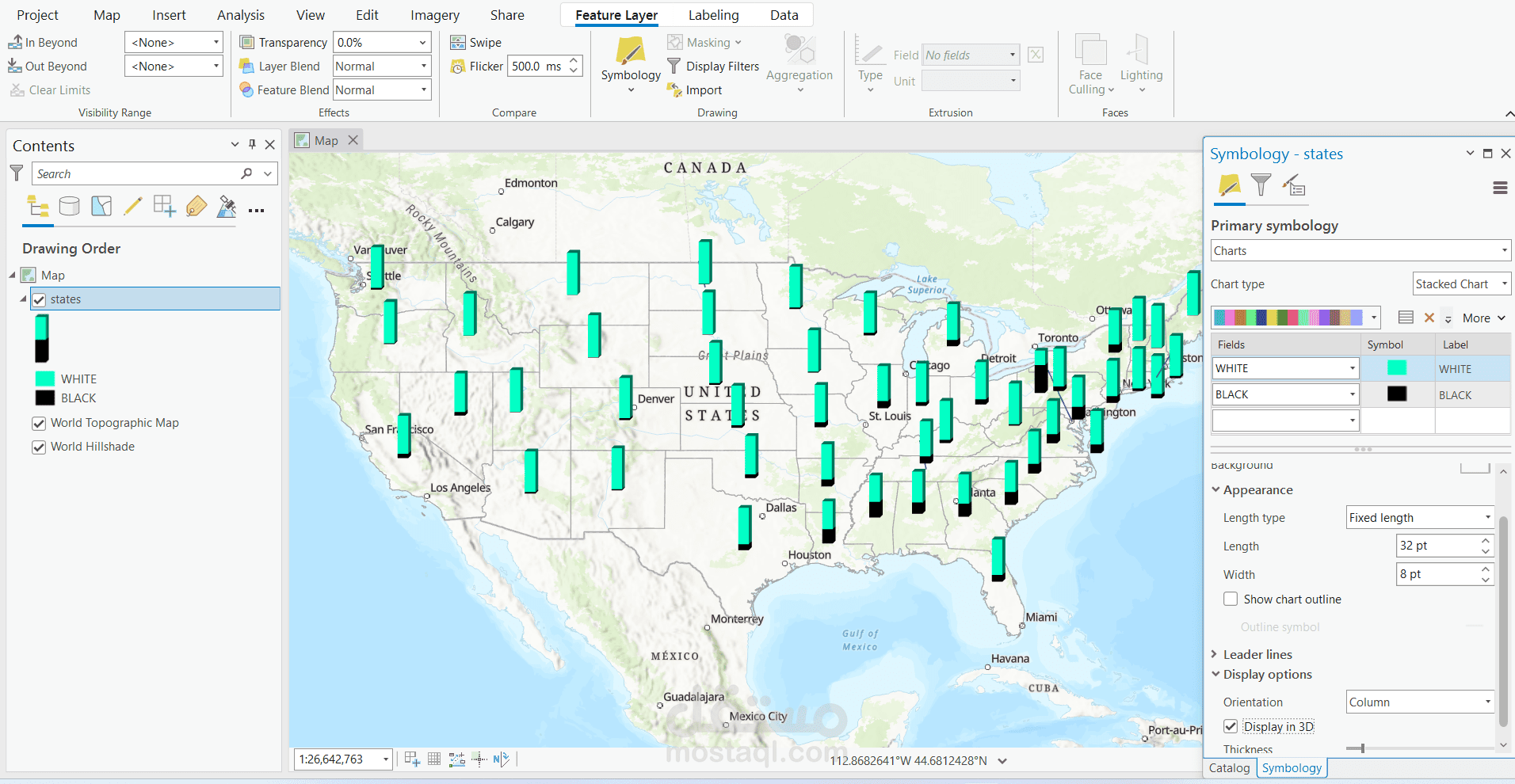 تصميم تمثيل ديموغرافي لسكان كاليفورنيا (البيض مقابل السود) باستخدام ArcGIS Pro