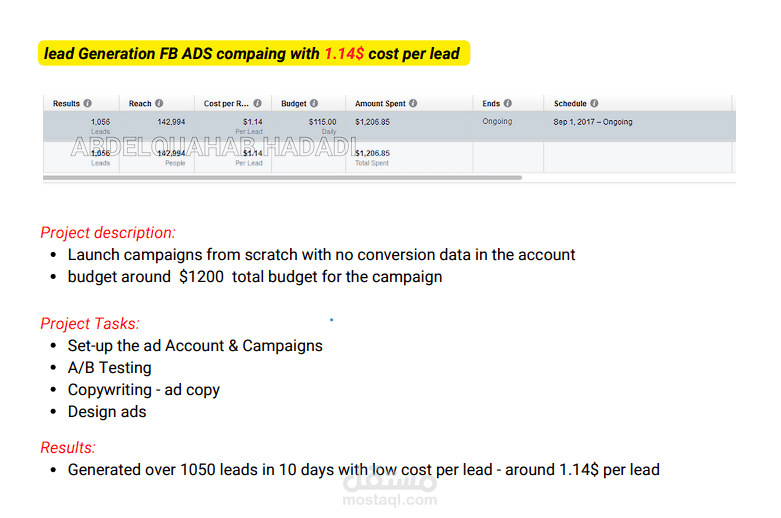 lead Generation FB ADS compaing with 1.14$ cost per lead