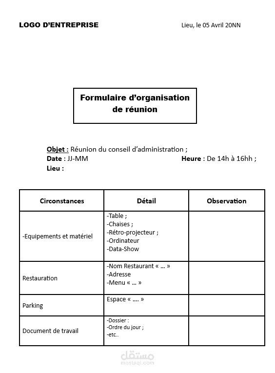 Formulaire d’organisation de réunion