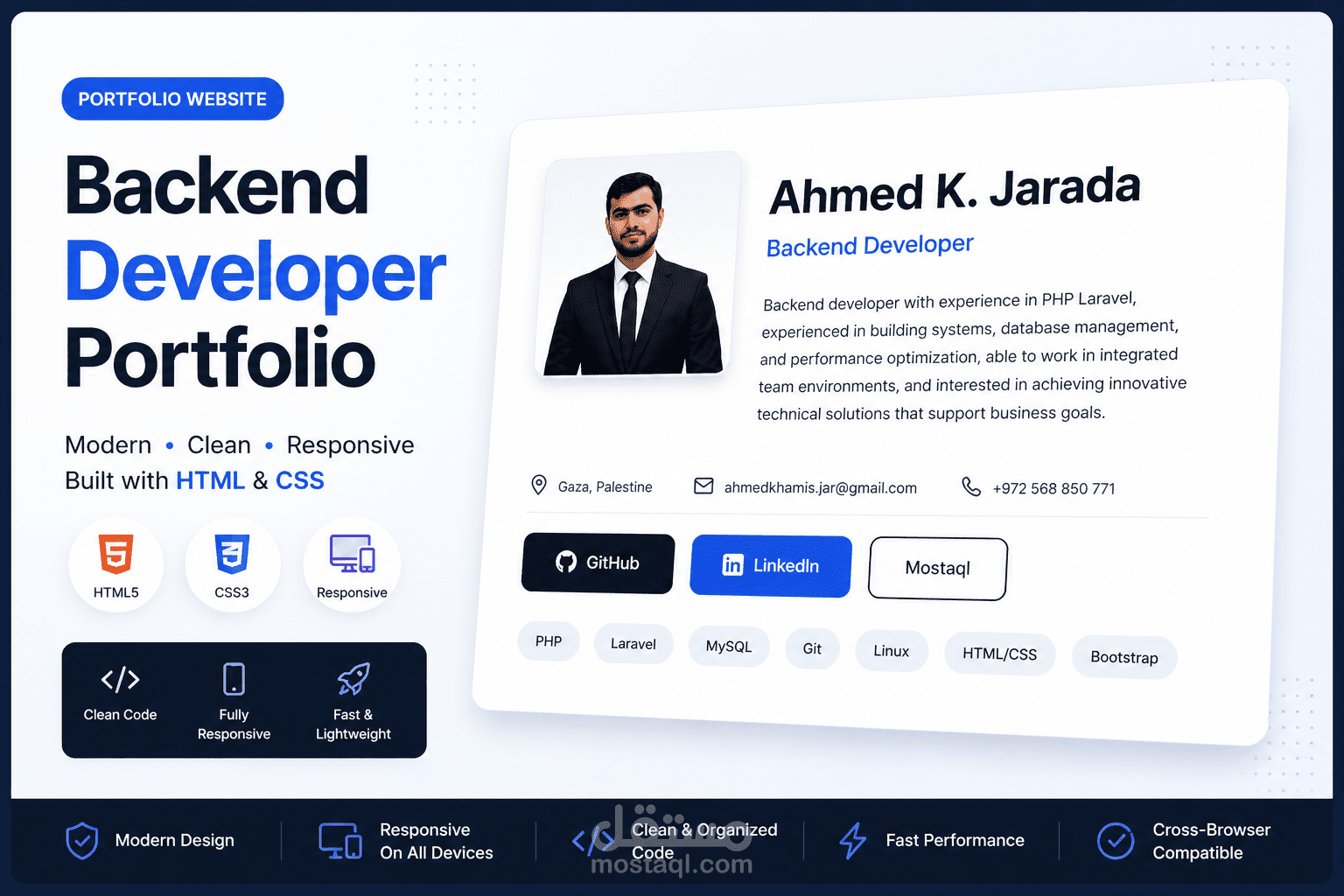 تصميم وتطوير صفحة Portfolio احترافية ومتجاوبة لمطور Backend