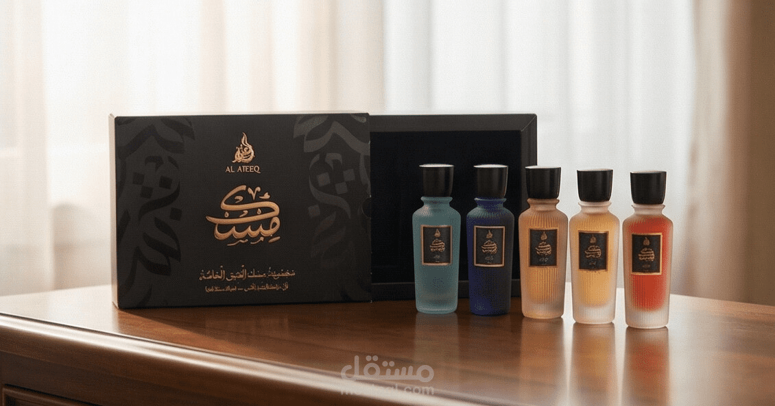 تصميم مشاهد إعلانية بالذكاء الاصطناعي (AI Photorealistic Art) | مجموعة عطور "العتيق" | تحويل صور المنتجات إلى لوحات فنية
