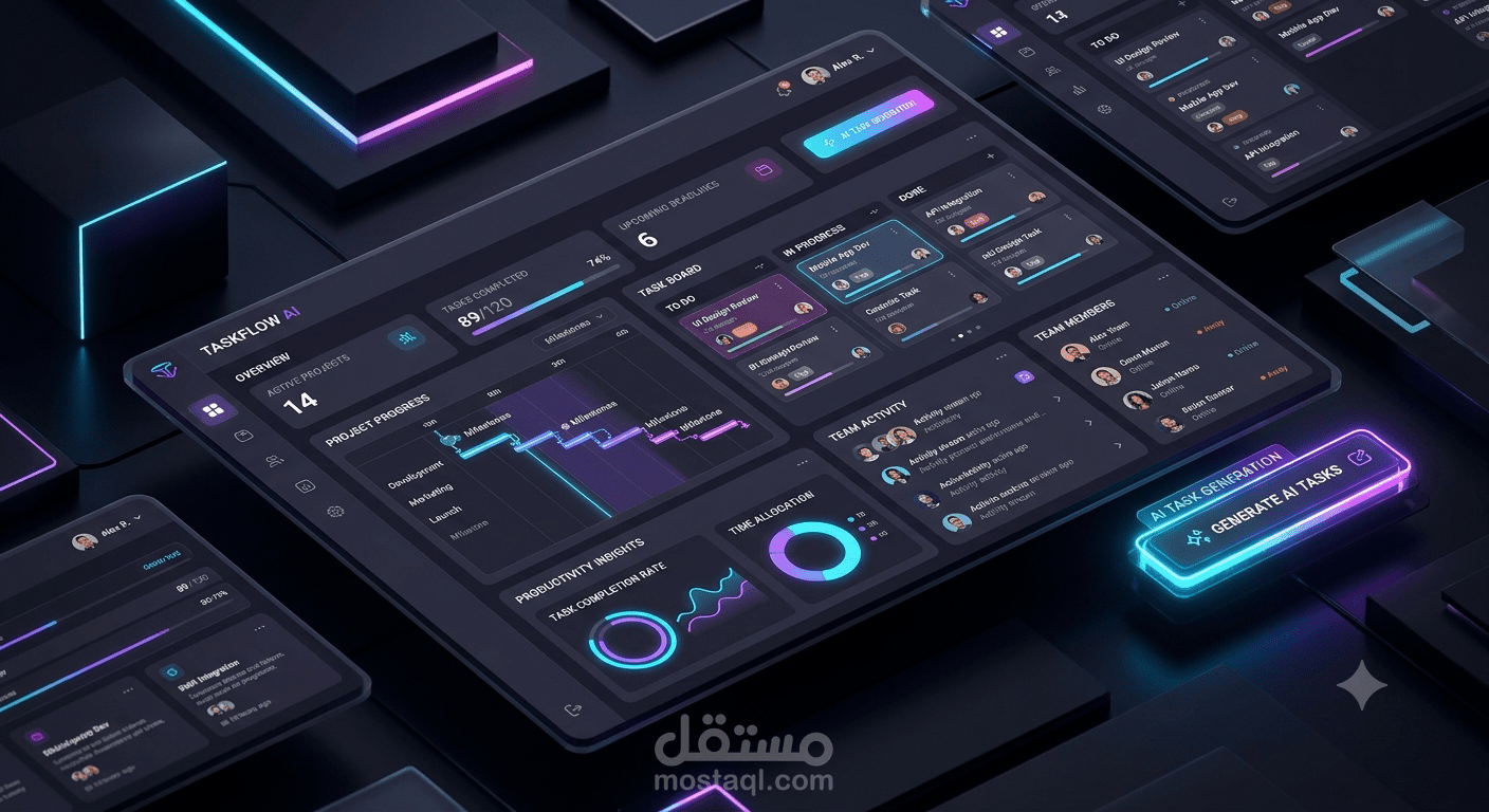 منصة تفاعلية لإدارة المشاريع والمهام مع لوحة تحكم إحصائية ومولد مهام بالذكاء الاصطناعي.