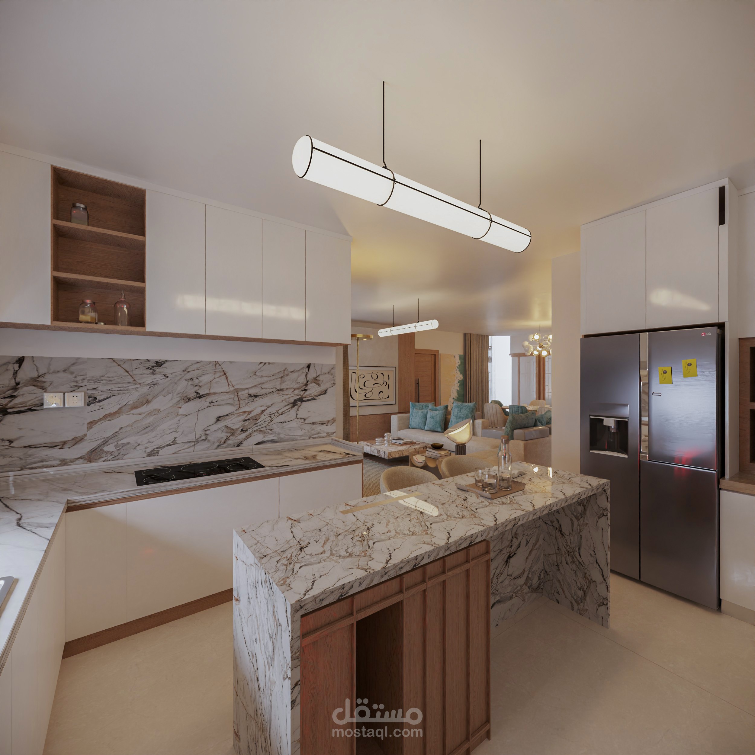 تصميم داخلي لمطبخ عصري بطراز حديث يجمع الأناقة والوظيفية .