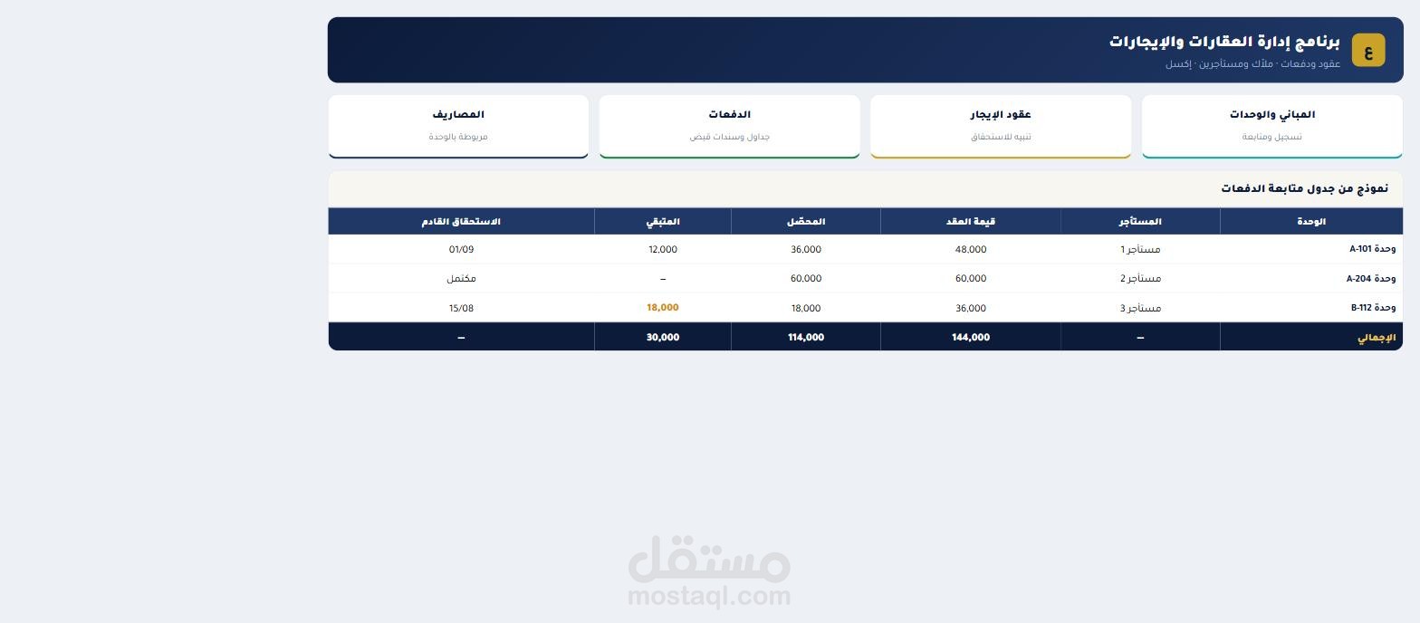 برنامج إدارة العقارات والإيجارات مع العقود والدفعات - إكسل