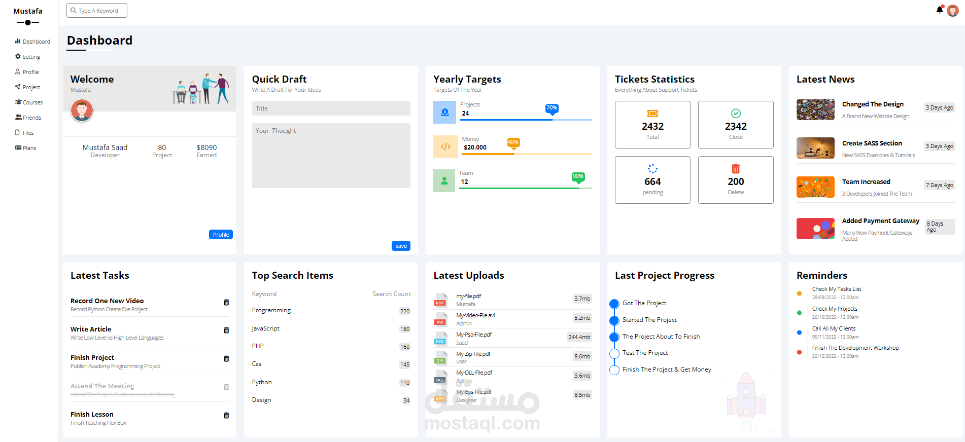 موقع الكتروني عباره عن Dashboard مكونه من عده اقسام setting لتعديل الاعدادات لكل مستخدم profile يحتوي علي البياناتت لكل مستخدم وعده اقسام اخري مثل [Project ,Courses ,  Friends ,   Files  ,   Plans]