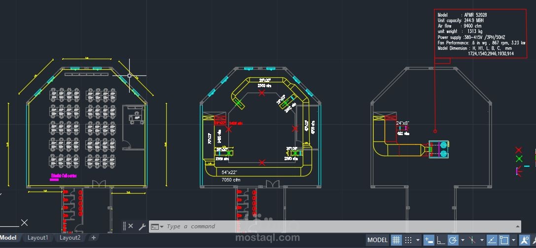 a commercial project 288 sqm roof top package unit in Kuwait with a capacity of 20 TR . including design, selection of components, duct design, ventilation, selection units, terminals units and design drawing.