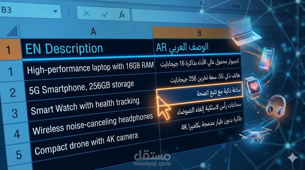 إدخال وترجمة بيانات 50 منتجاً لمتجر إلكتروني (عربي - إنجليزي).