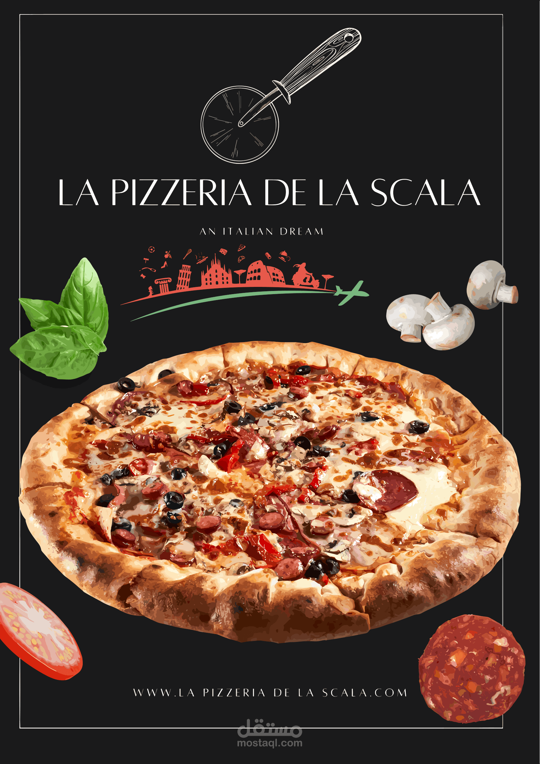 تصميم اعلان لمطعم لبيتزا ايطاليه La Pizzeria De La Scala