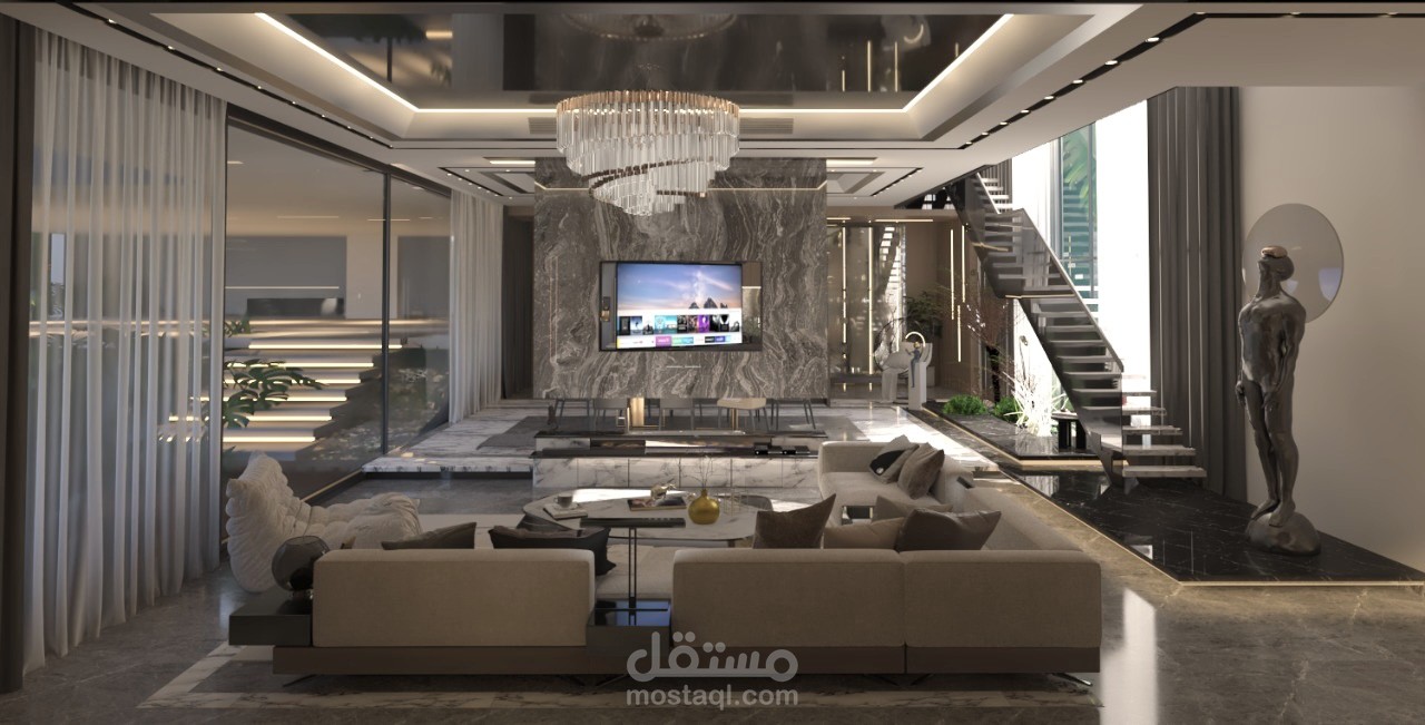 تصميم داخلي لريسبشن و مطبخ و طعام