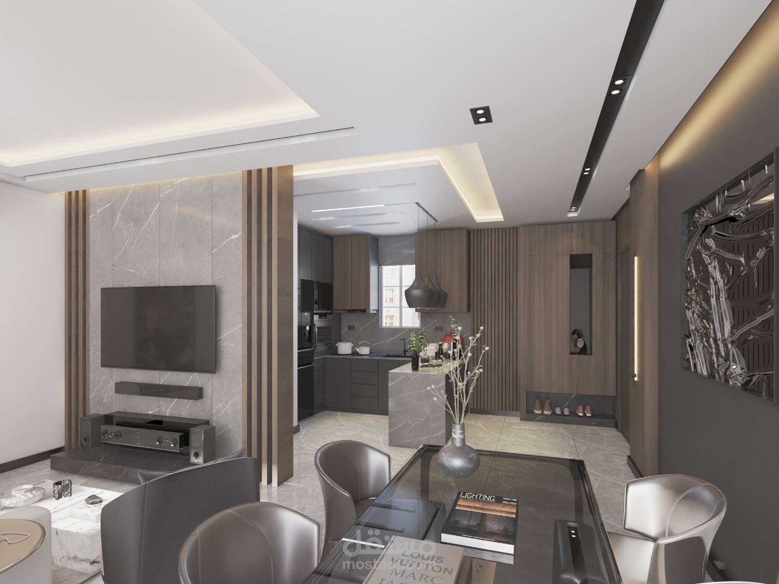 تصميم لliving room و kitchen