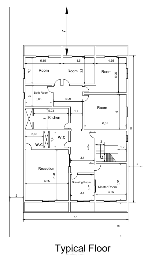 تصميم ورسم مخططات مبنى سكني (دور أرضي + دورين علويين)