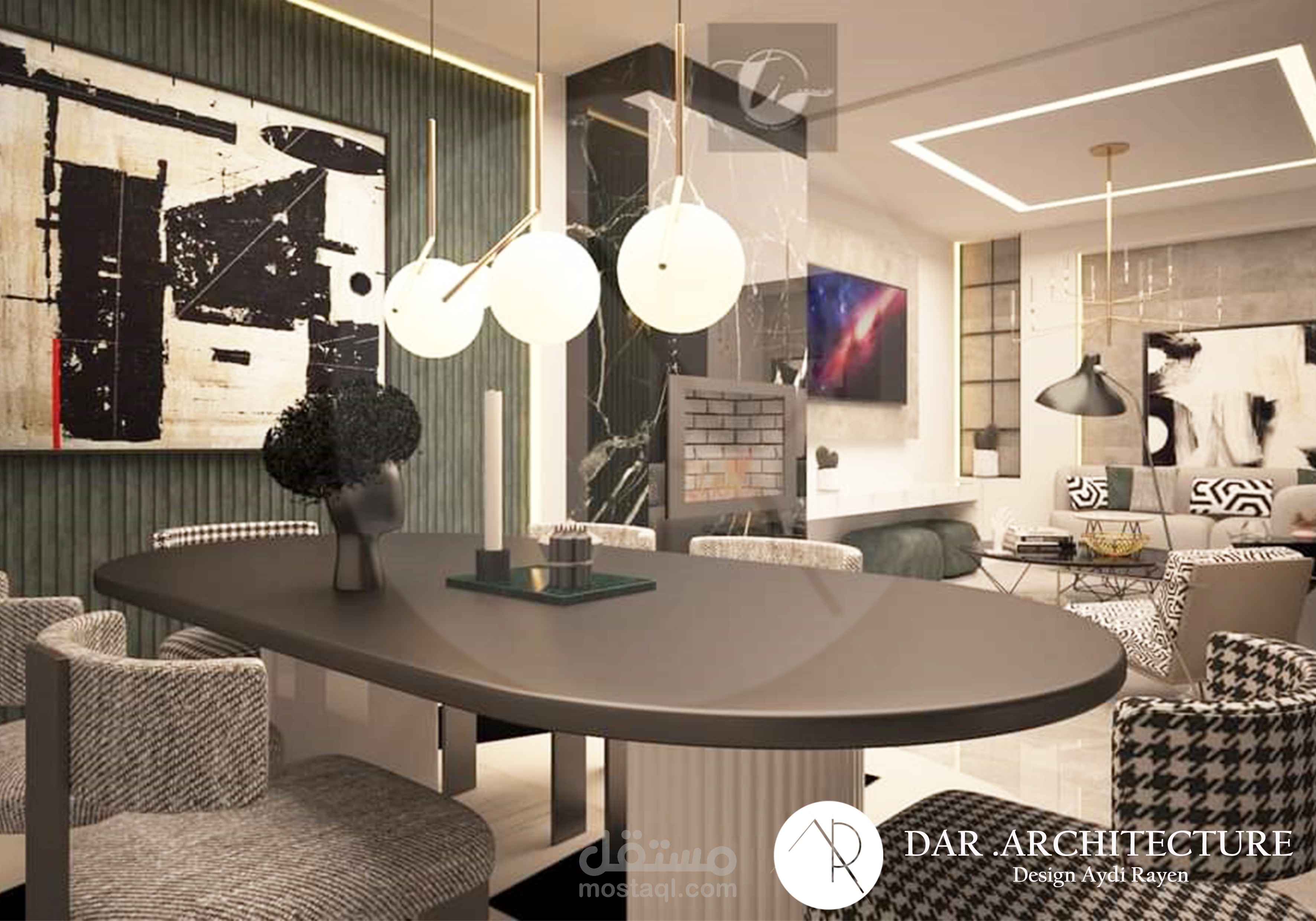 غرفه معيشه وغرفه طعام من تصميم المهندس المعماري ريان العايدي dar architecture