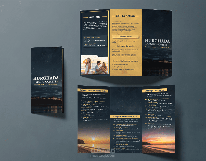 تصميم بروشور سياحي مع أيقونات مخصصة لتجارب فريدة في الغردقة