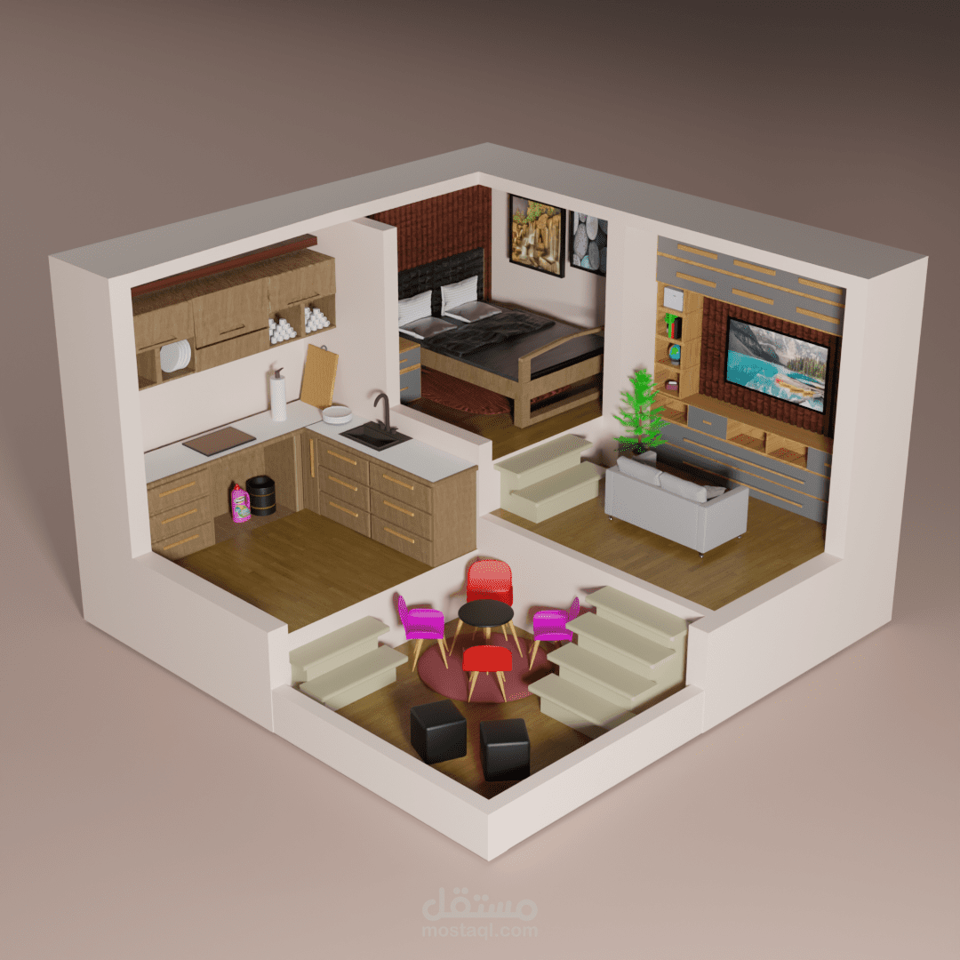 تصميم غرفة سكنية متكاملة بتقنية ثلاثي الأبعاد (3D) بجودة عالية