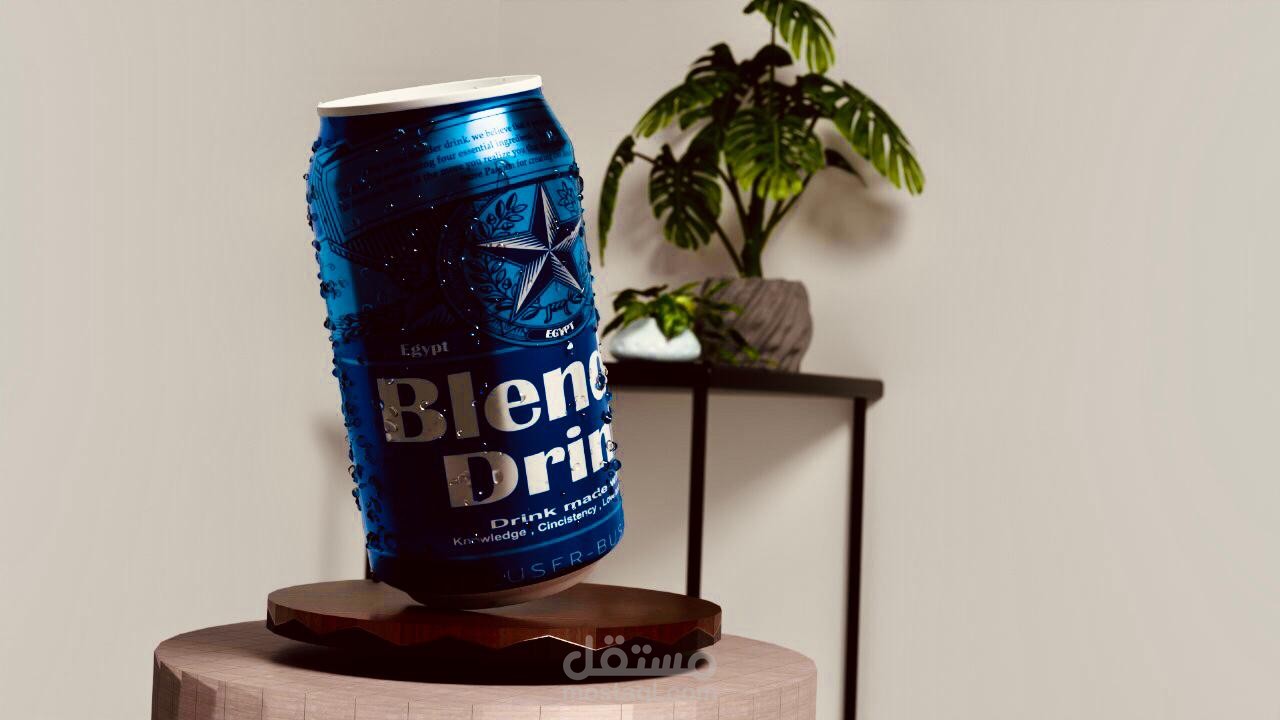 Blend Drink – طاقة تصميم... في كل قطرة!  تصميم ثلاثي الأبعاد احترافي لعلبة مشروب "Blend Drink" تم تنفيذه بدقة عالية لإبراز تفاصيل البراند، مع إبراز قطرات الماء لإعطاء إحساس بالانتعاش والواقعية.