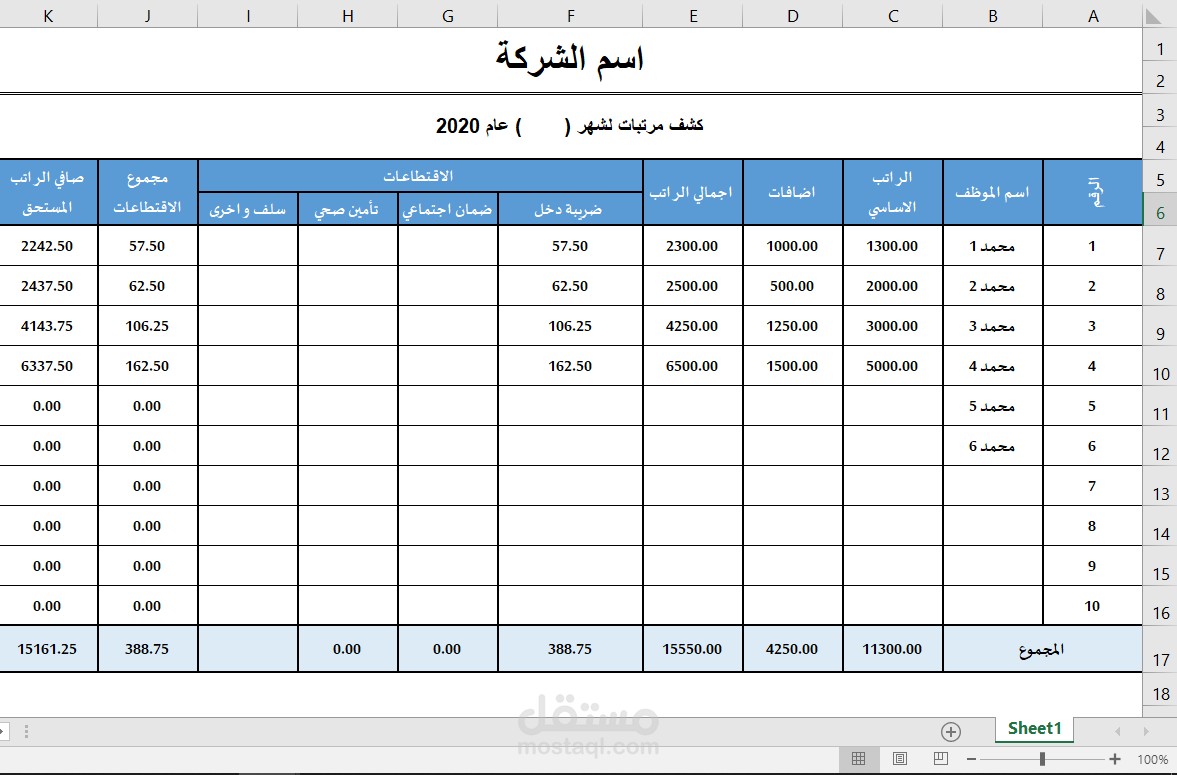كشف رواتب لمتجر ملابس مكون من 10 موظفين
