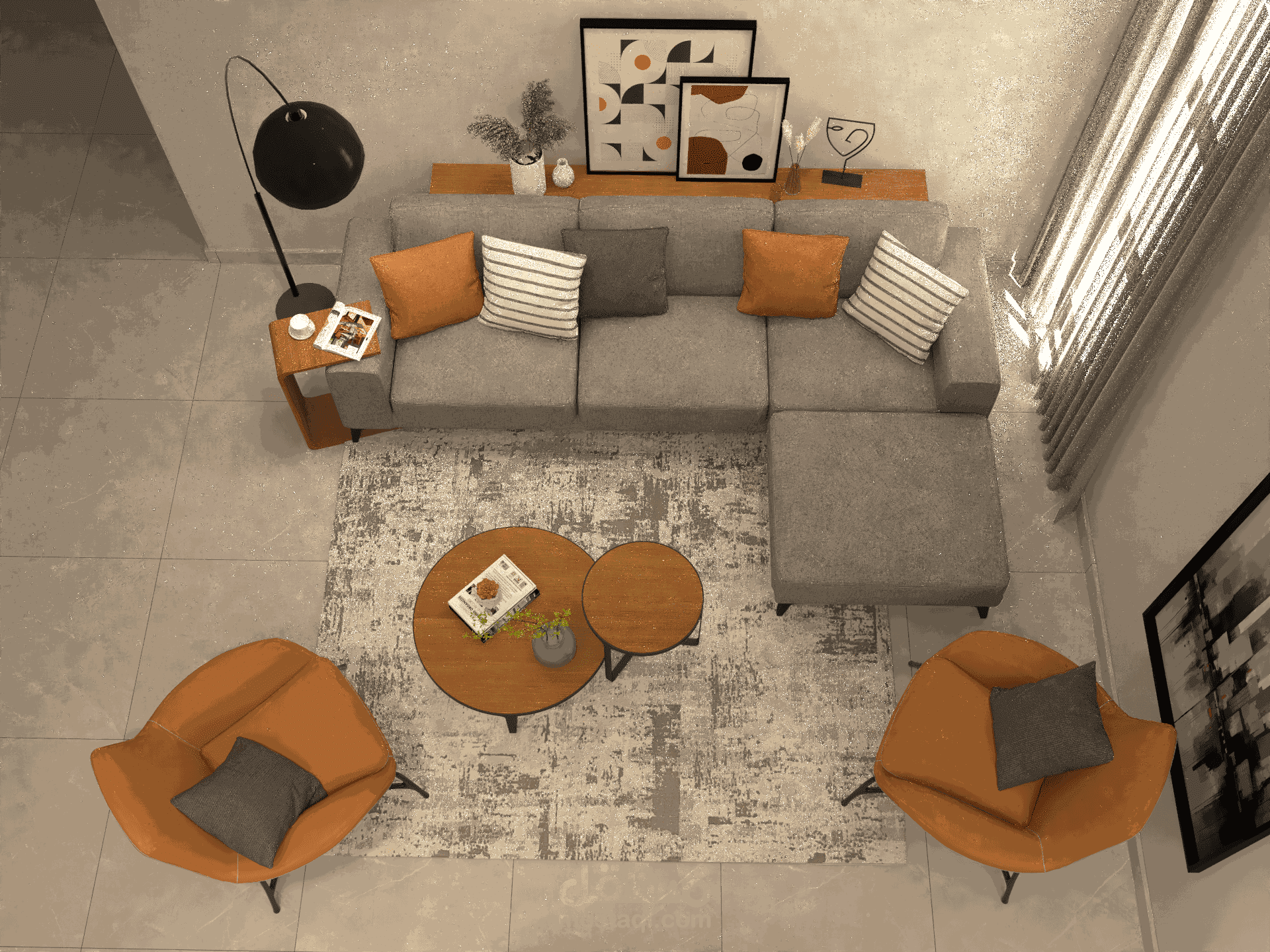 تصميم داخلي دافئ لغرفة معيشة