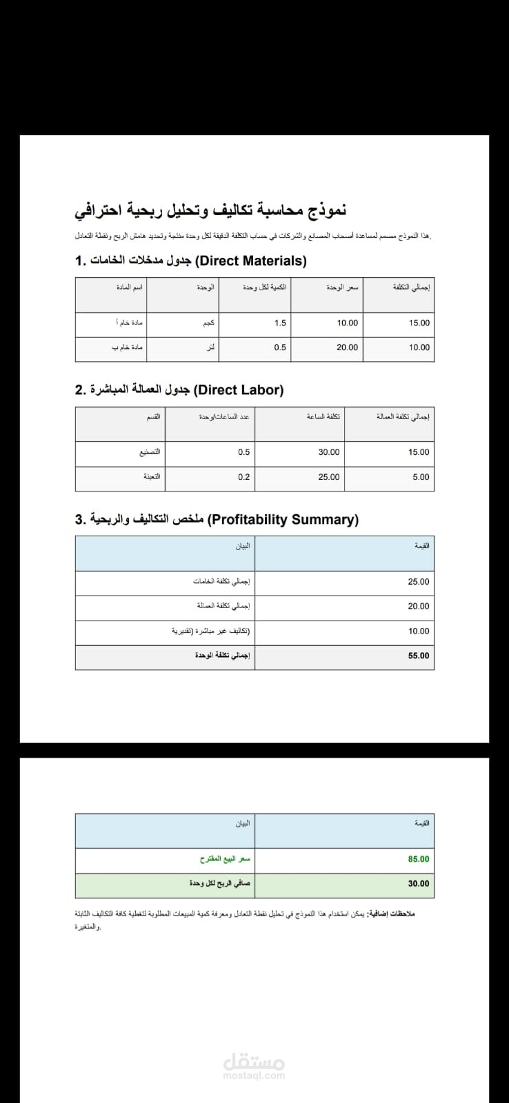 نظام حساب تكلفة المنتج وهامش الربح للمصانع