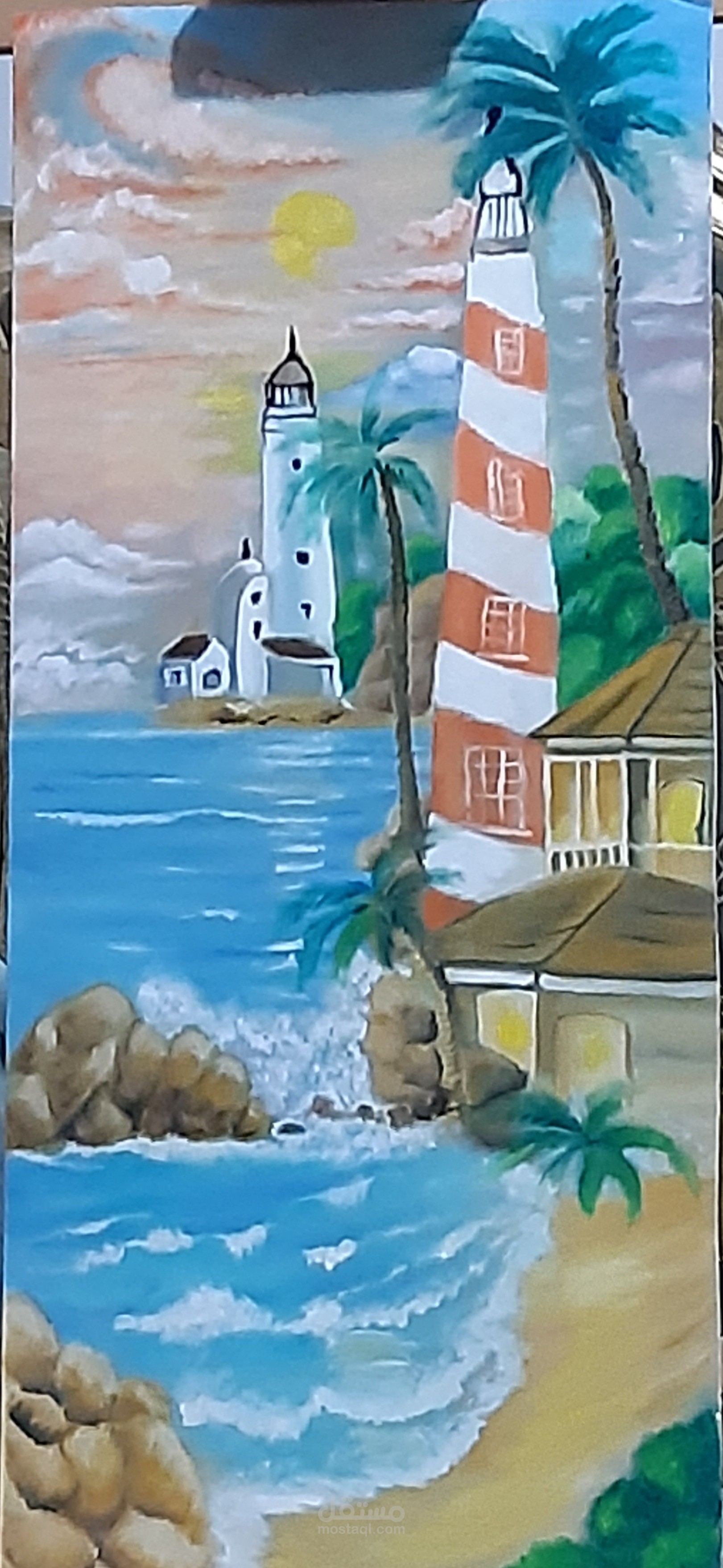 لوحه الوان زيتيه علي خشب توضح جانب من البحر والشاطئ