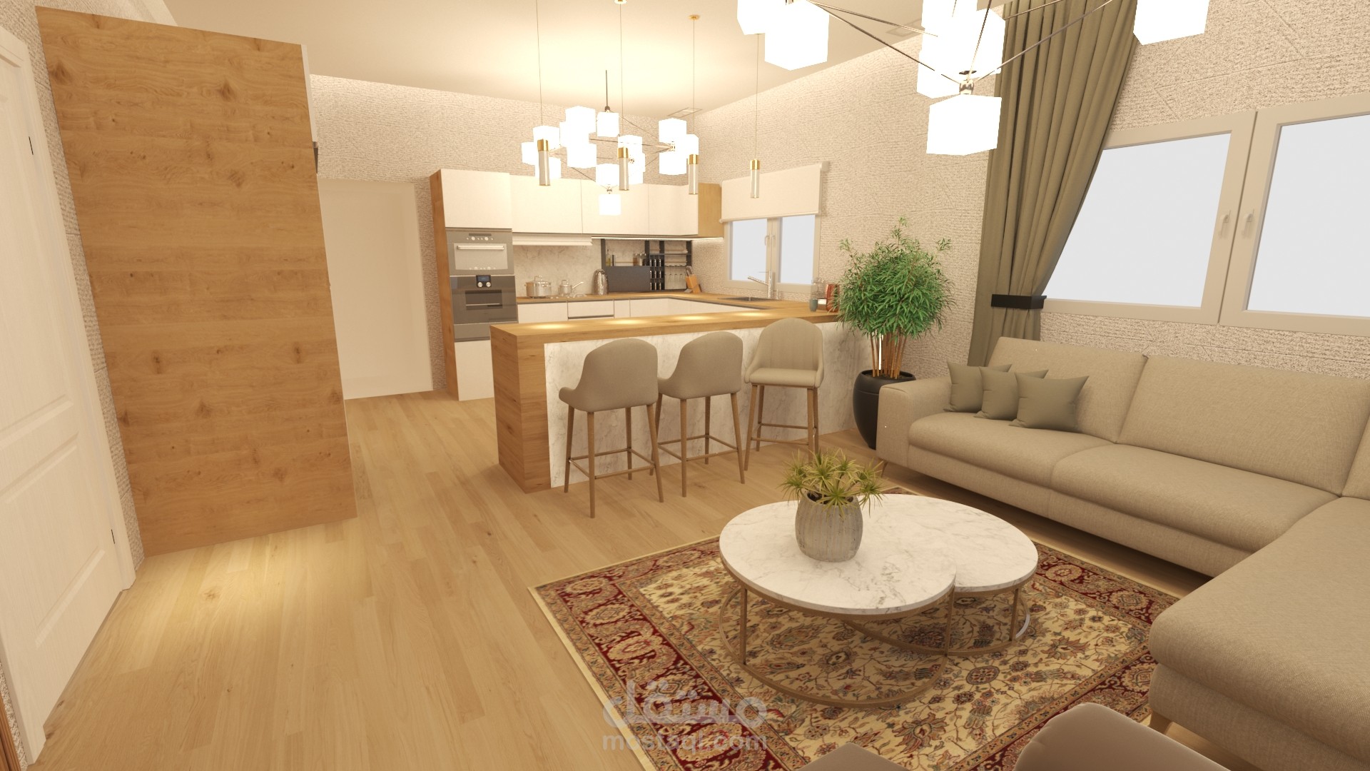 تصميم غرفة الجلوس مع المطبخ