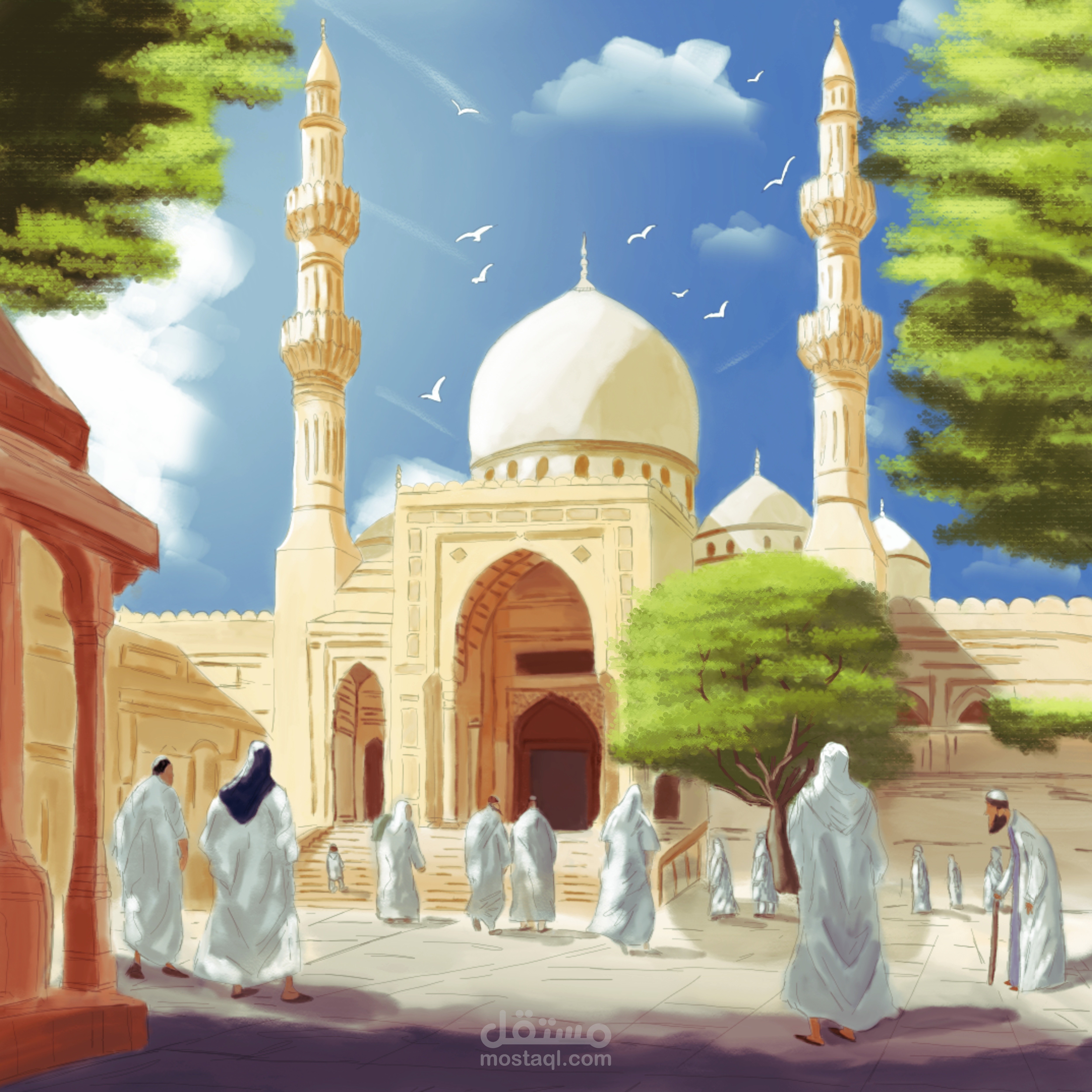 رسم خلفيات (جماعة من المسلمين ذاهبين لأداء الصلاة في أحد المساجد)