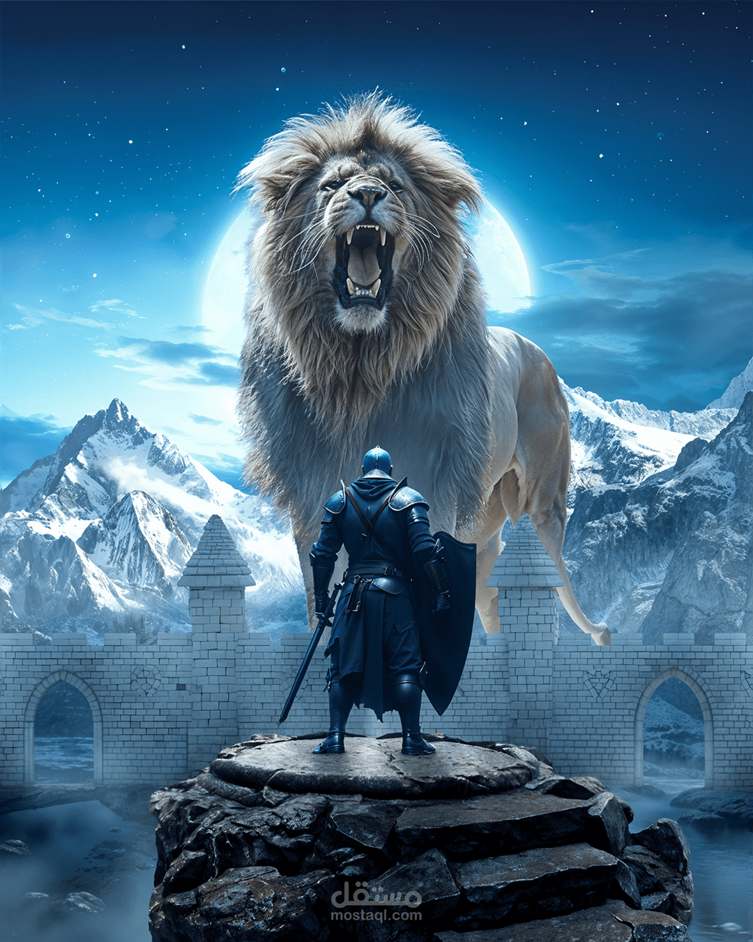 تصميم Photo Manipulation الفارس وأسطورة الأسد العملاق