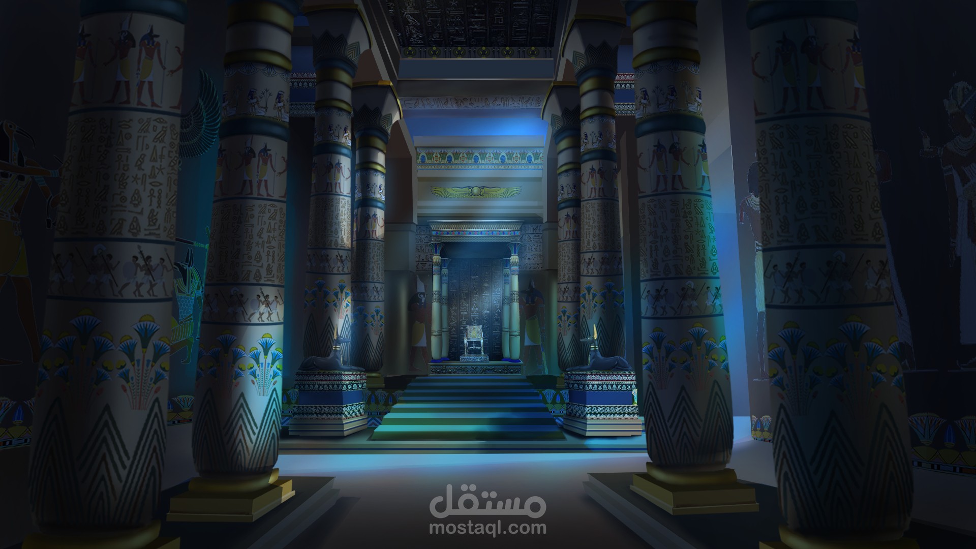 تصميم خلفية لقصر فرعوني من الداخل ليلا