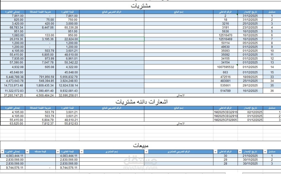 تقارير فواتير قيمة مضافة