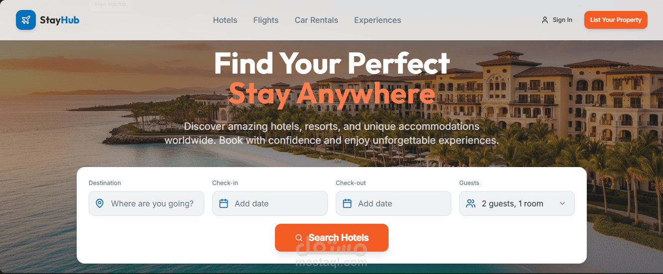 صفحة هبوط لموقع حجز رحلات StayHub