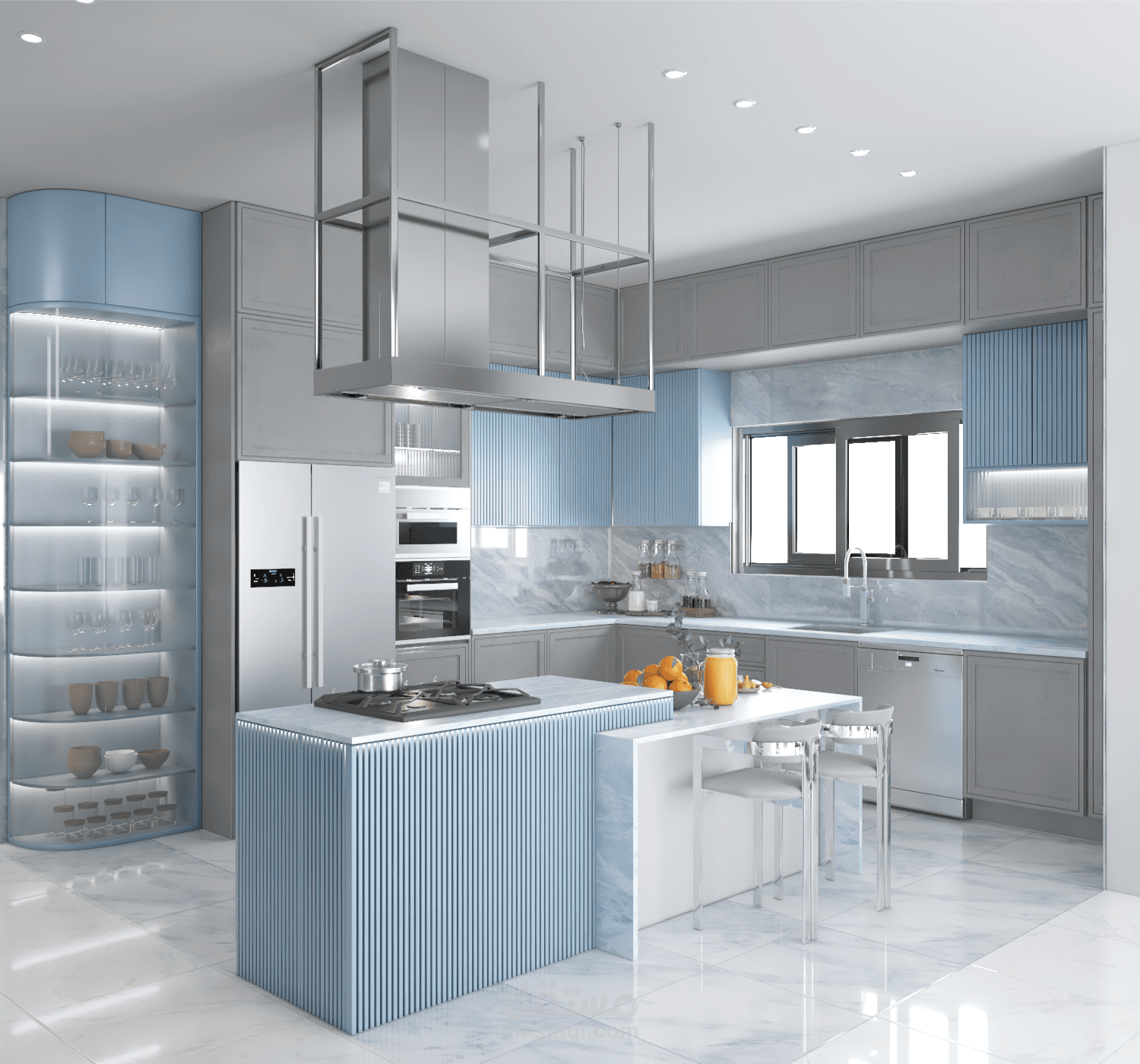 تصميم مودرن لمطبخ وبوفيه لفيلا مع التنفيذ