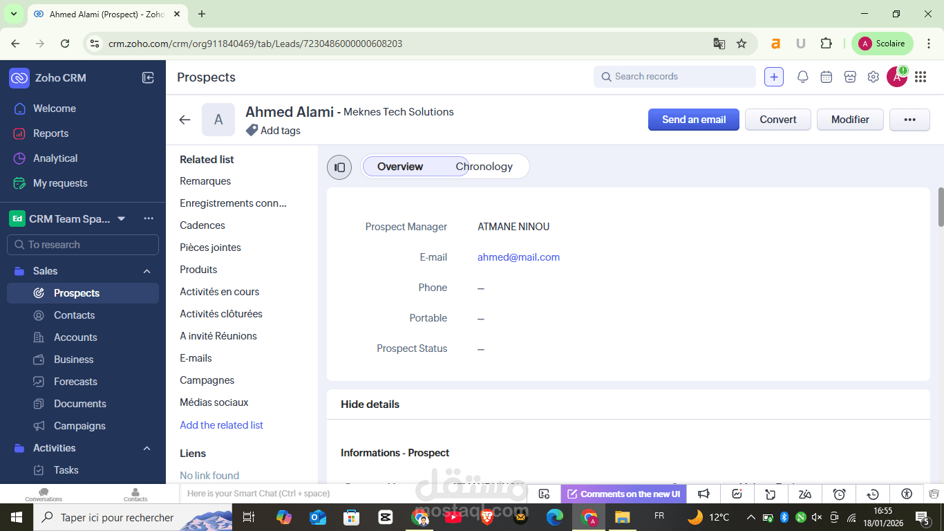 إعداد هيكلة Zoho CRM وإدارة قاعدة بيانات العملاء (Leads/Prospects) لشركة تقنية