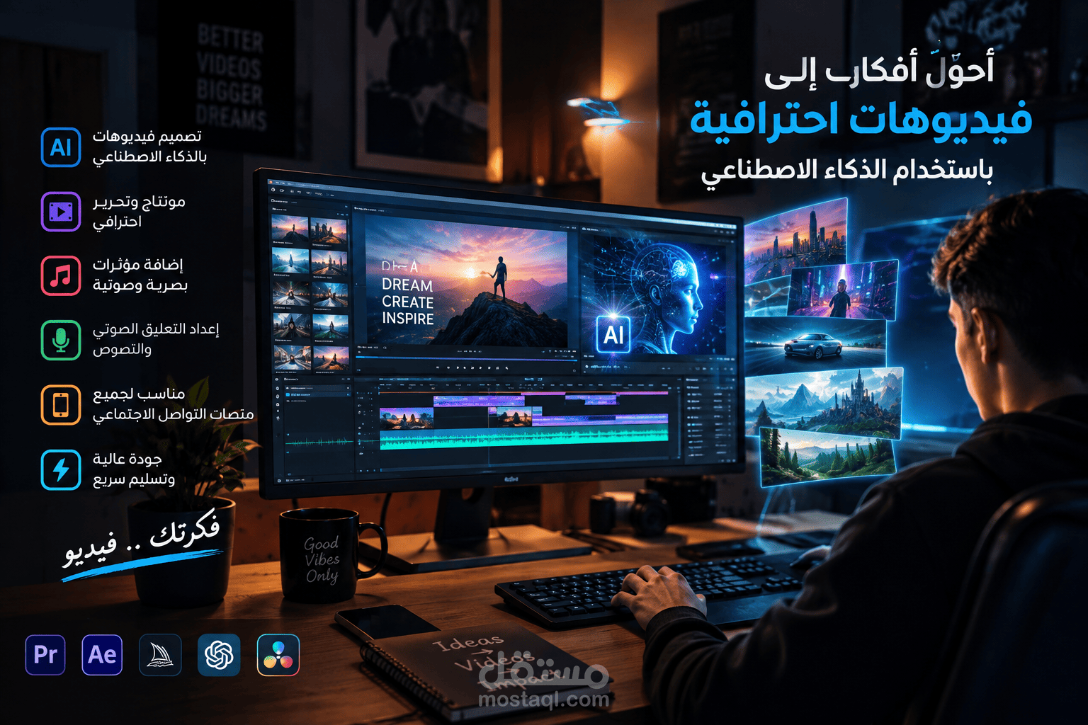 مصمم ومحرر فيديوهات بالذكاء الاصطناعي، أقدّم محتوى بصرياً إبداعياً واحترافياً يناسب الإعلانات، منصات التواصل الاجتماعي والمشاريع الرقمية