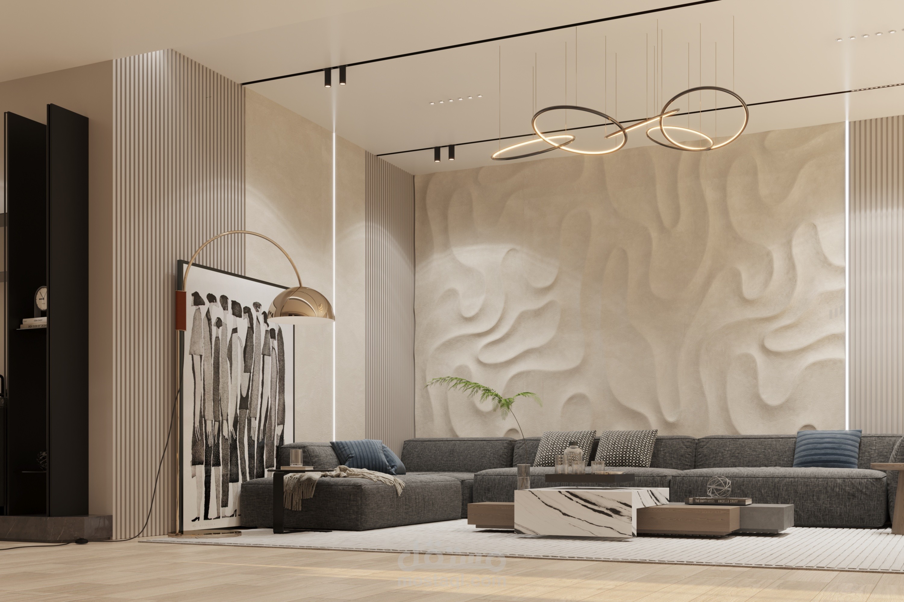 تصميم داخلي لصالة جلوس عائلية و منطقة طعام