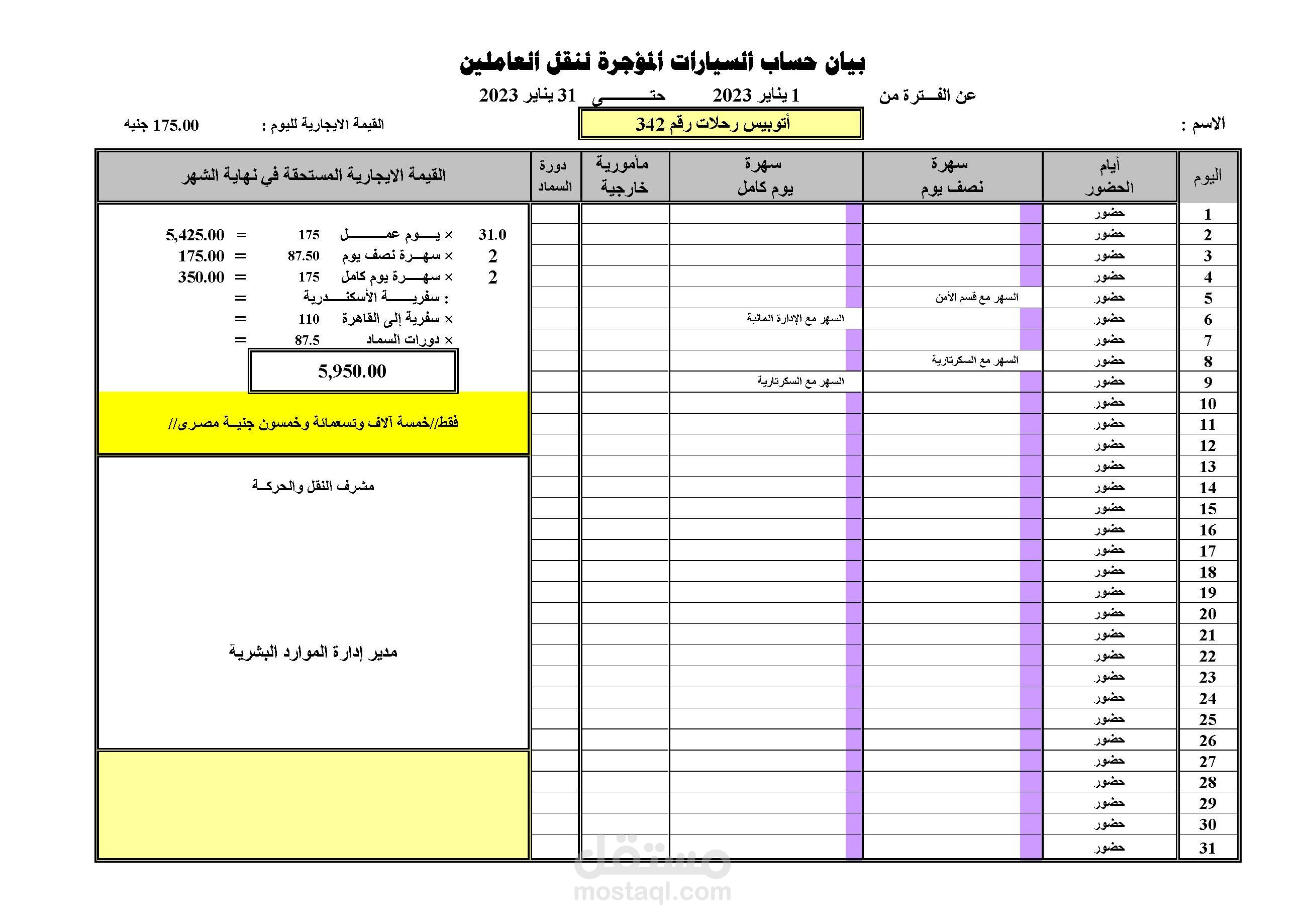 شيت إكسيل لحساب السيارات المؤجرة حسب الشهور والمبالغ المستحقة لها مع تفقيط المبالغ