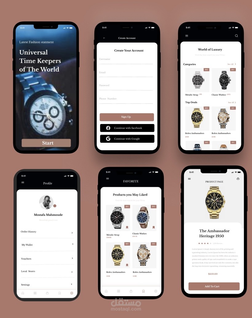 تصميم UI UX لتطبيق متجر ساعات يد .