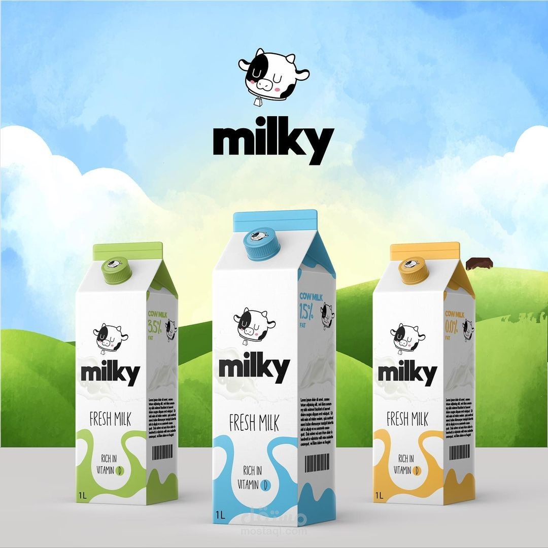 تصميم هوية بصرية لشركة تقوم بانتاج الحليب مع تصميم علب المنتج