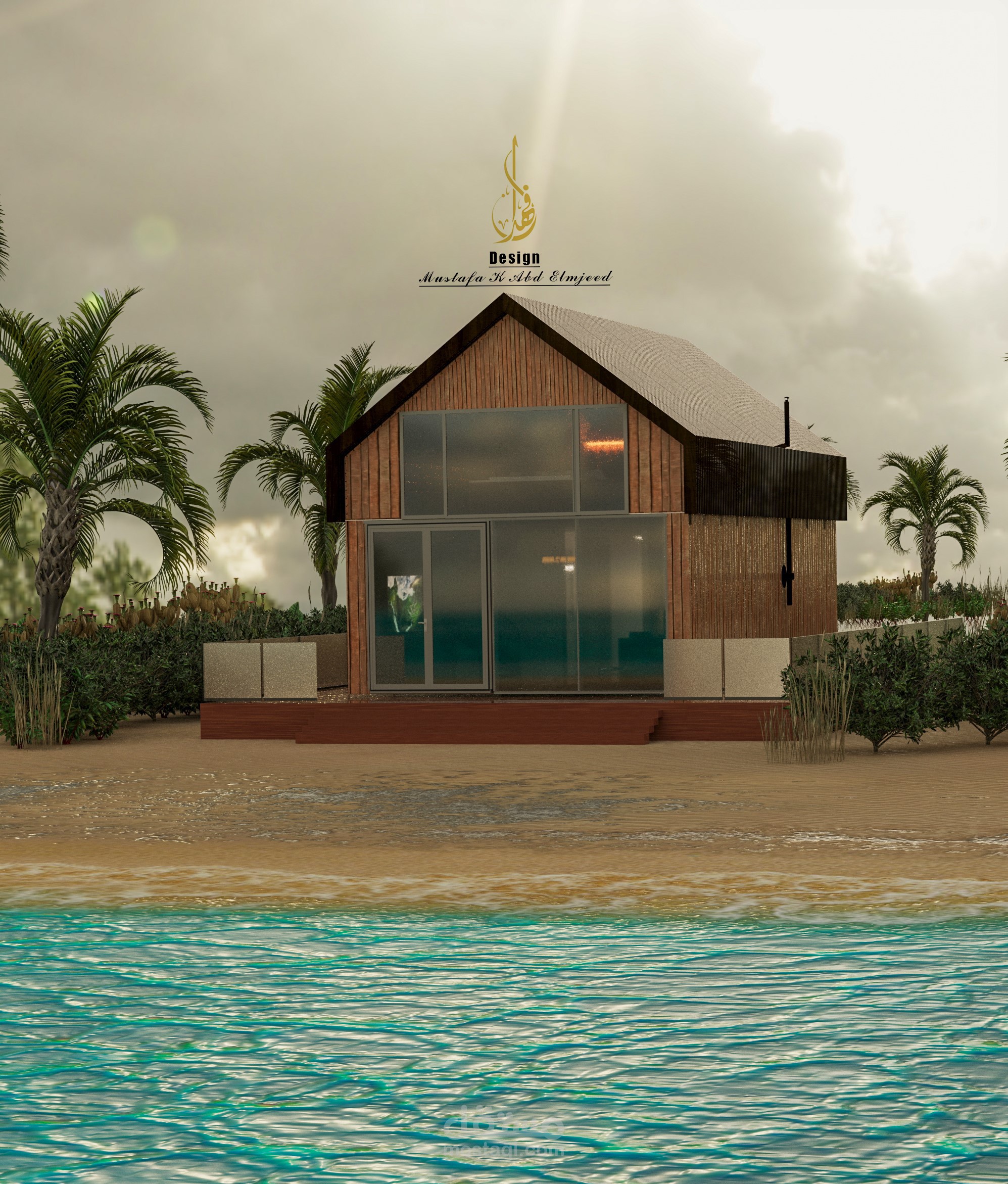 تصميم 3d كوخ خشبي على البحر