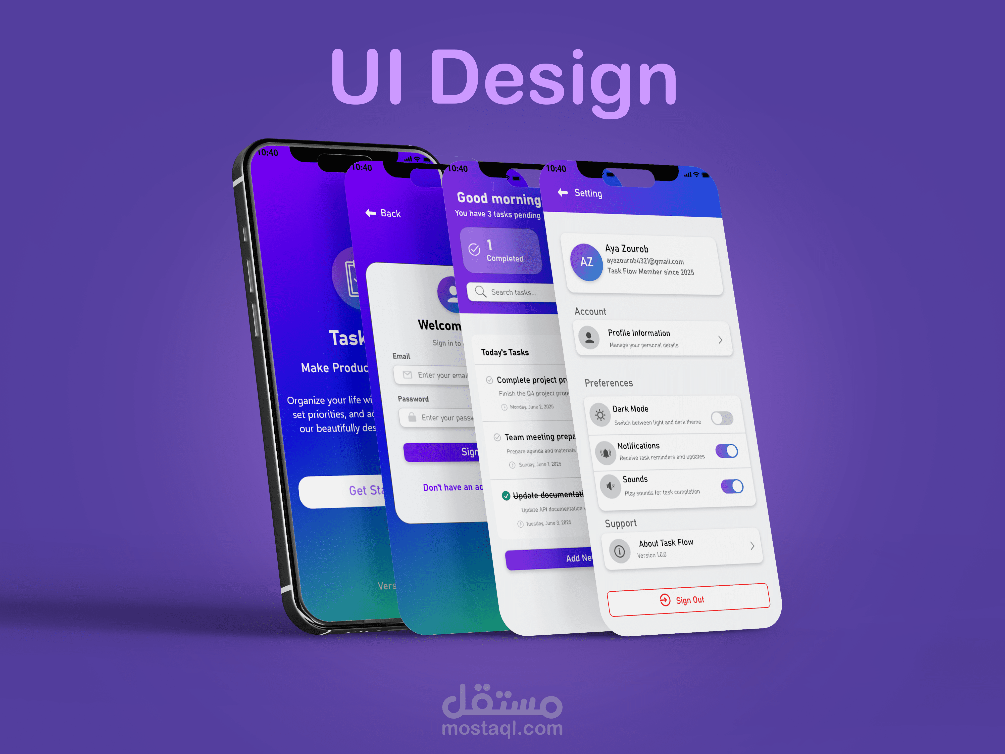 تصميم UI/UX لتطبيق Task Flow لإدارة المهام