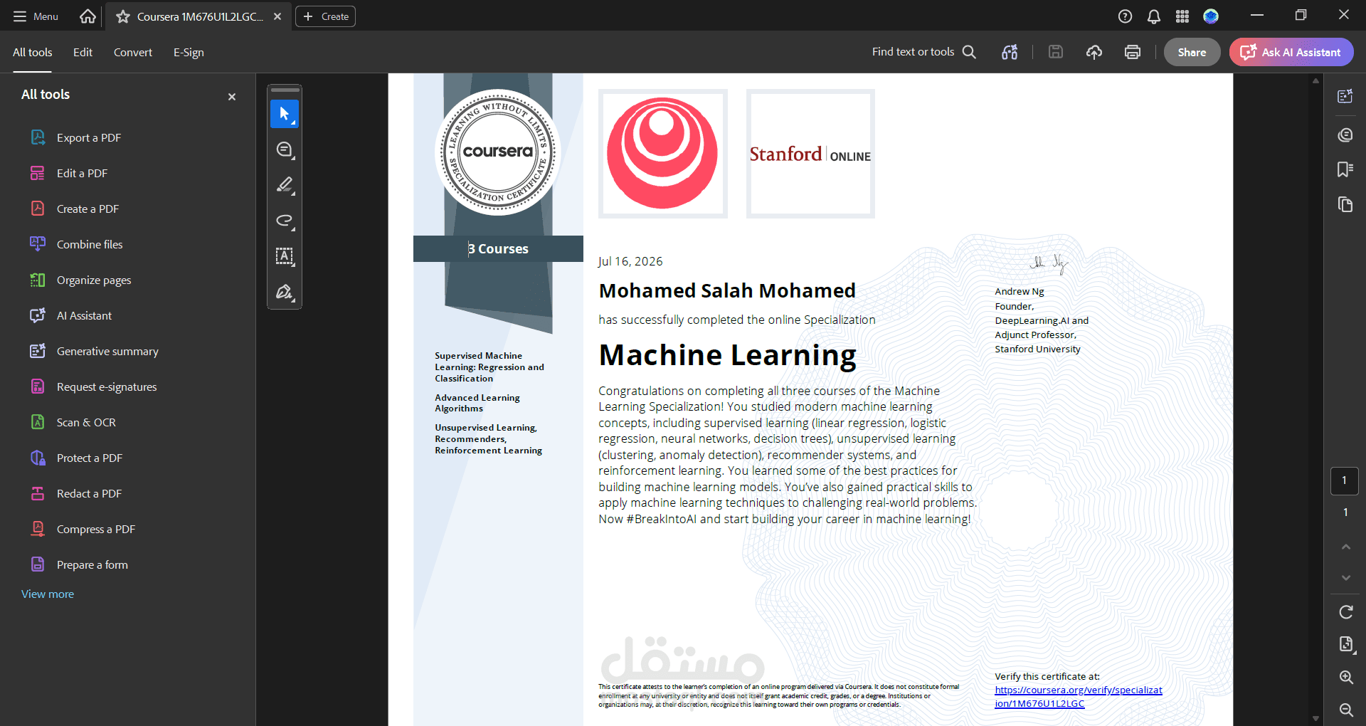 خبير معتمد في تعلم الآلة (Machine Learning) وتطوير نماذج الذكاء الاصطناعي (Certified Expert in Machine Learning and AI Model Development)
