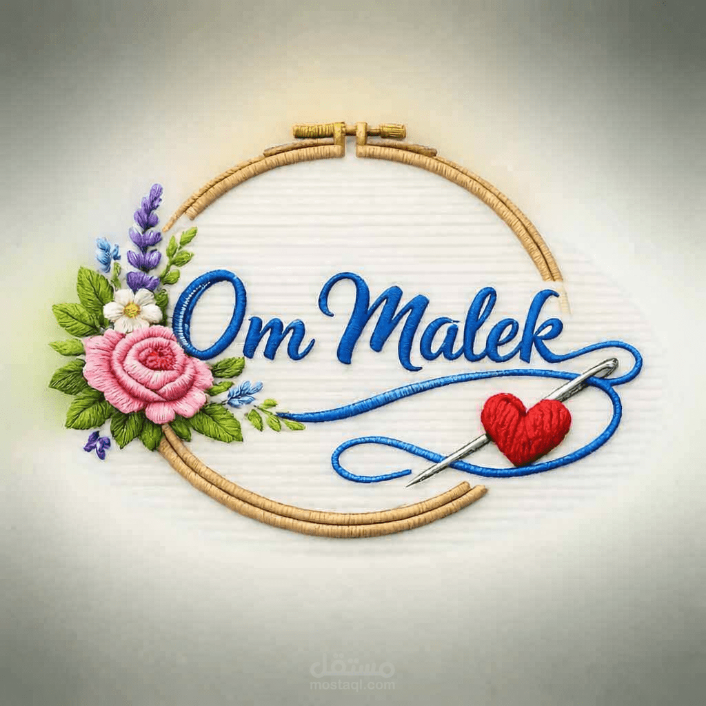 تصميم شعار مطرز باسم "Om Malek" بأسلوب فني يدوي