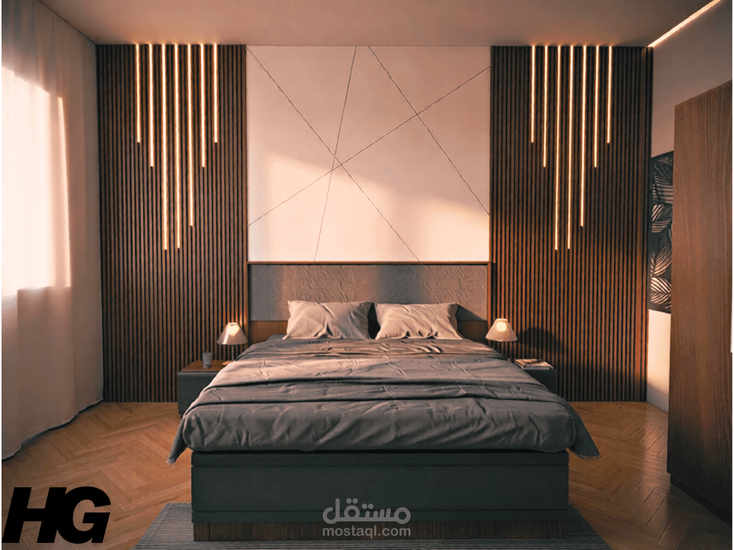 تصميم غرفة نوم مودرن بإضاءة مخفية ورندر واقعي