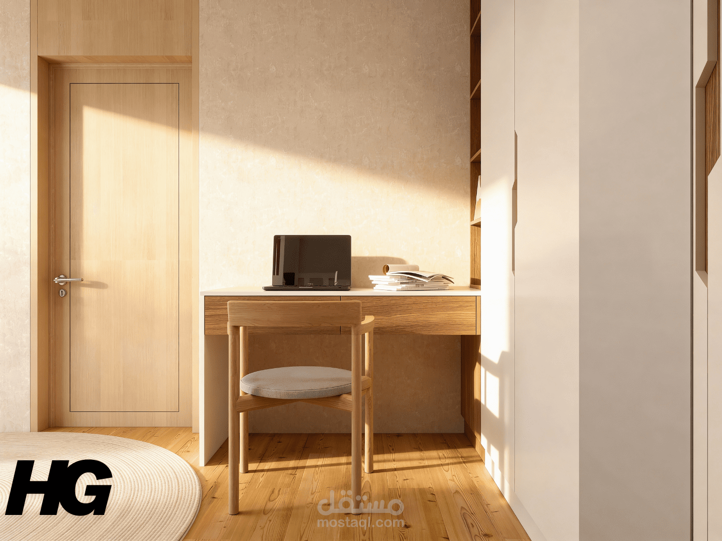 تصميم غرفة أطفال بسريرين (Bunk Bed) مع مكتب دراسة وخزائن تخزين