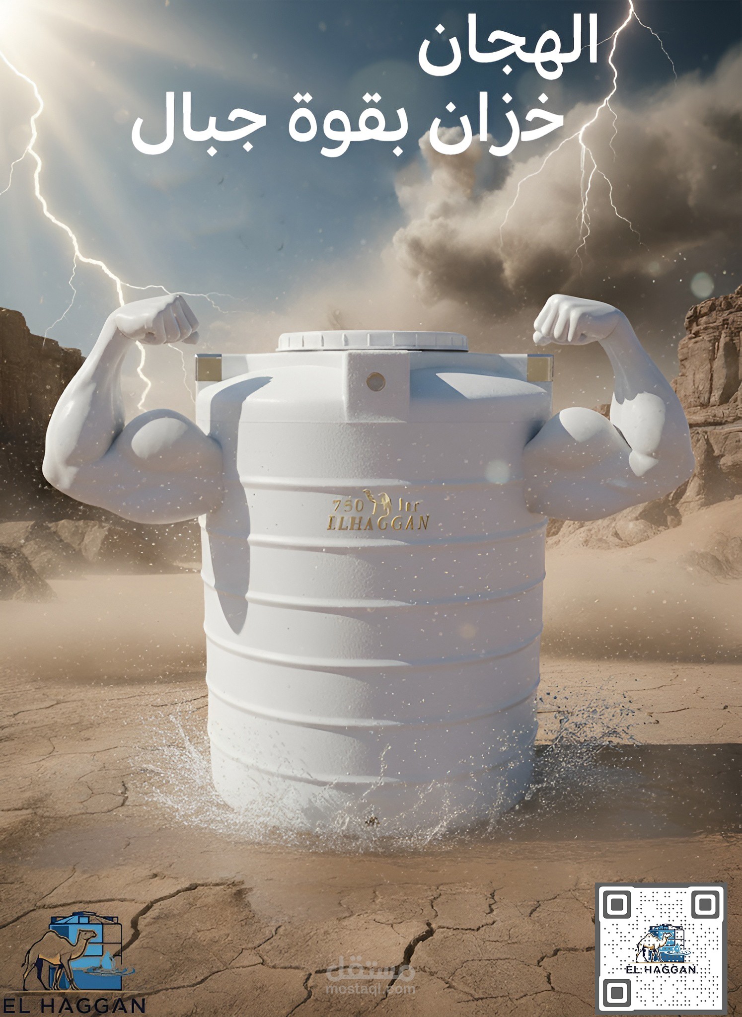 تصميم إعلاني ثلاثي الأبعاد لخزان مياه — الهجان بقوة جبال