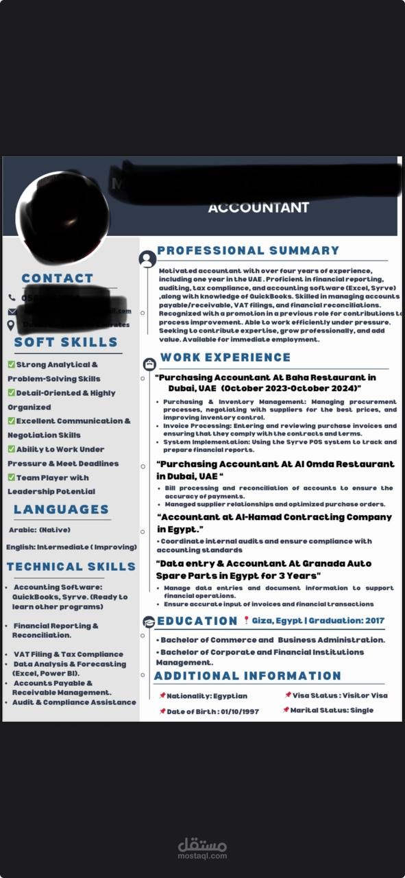 تصميم سيرة ذاتية تقليدية احترافية لشخص بخبرة عمل في الإمارات