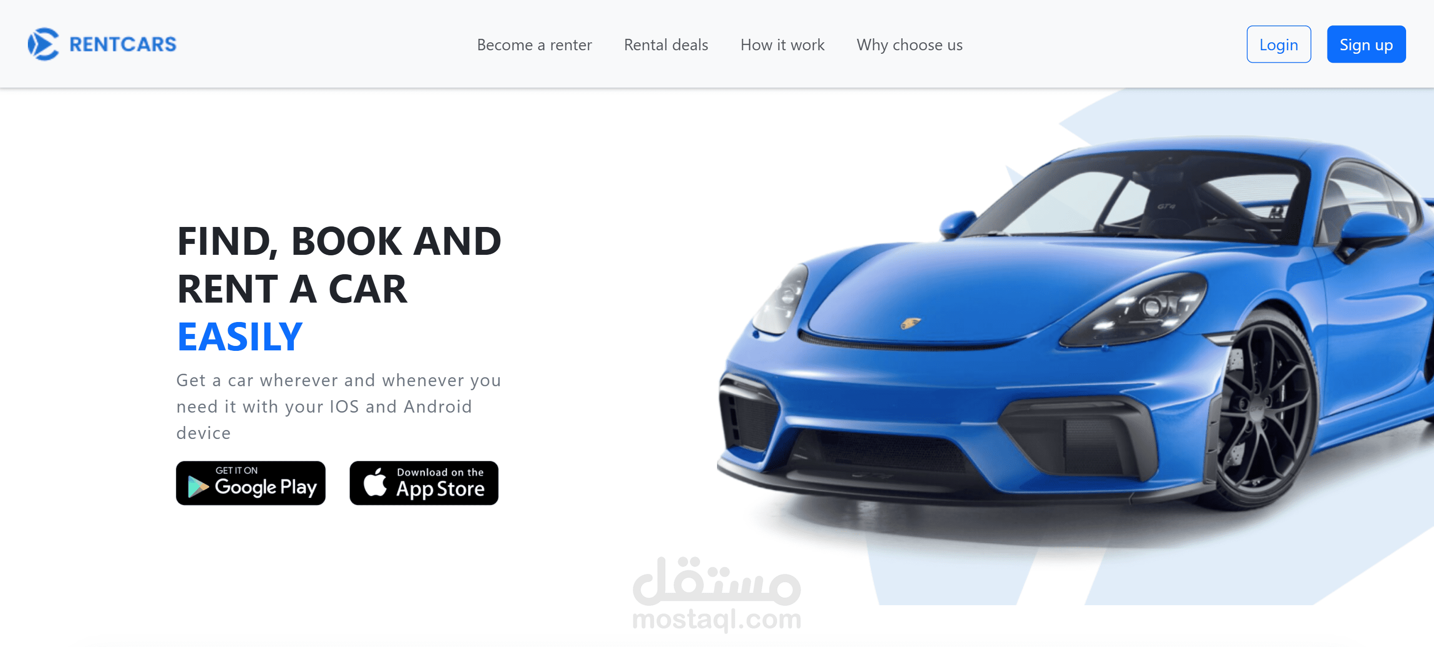 تطبيق ويب متكامل لتأجير السيارات - React.js، تصميم متجاوب (Bootstrap)، واجهة مستخدم ديناميكية مع API.