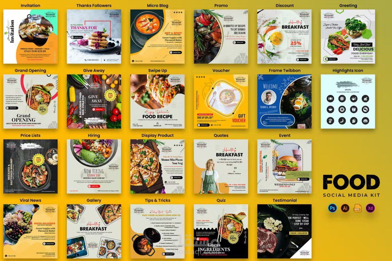 مجموعة تصميمات احترافية لمحتوى وسائل التواصل الاجتماعي الخاصة بالمطاعم