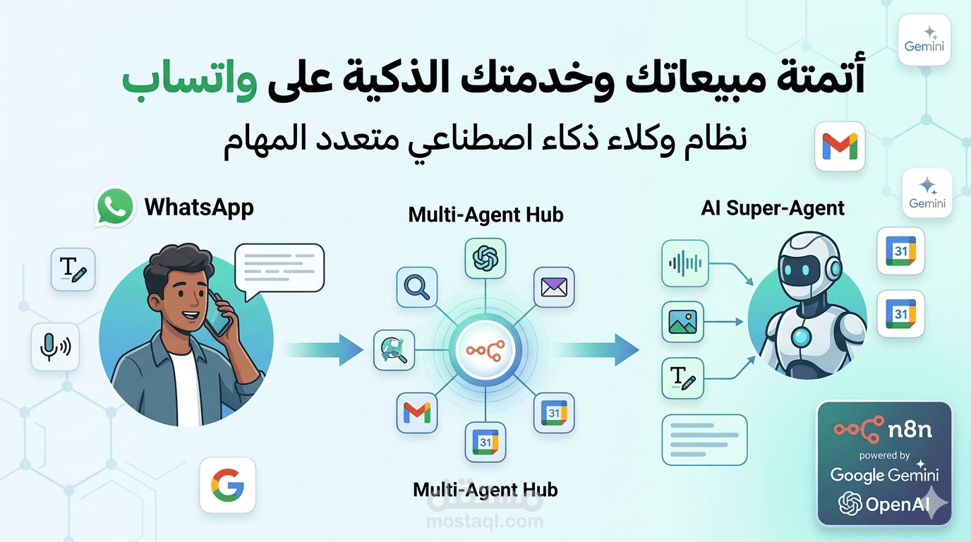 بناء مساعد ذكي متكامل (AI Agent) للأعمال عبر واتساب باستخدام n8n.