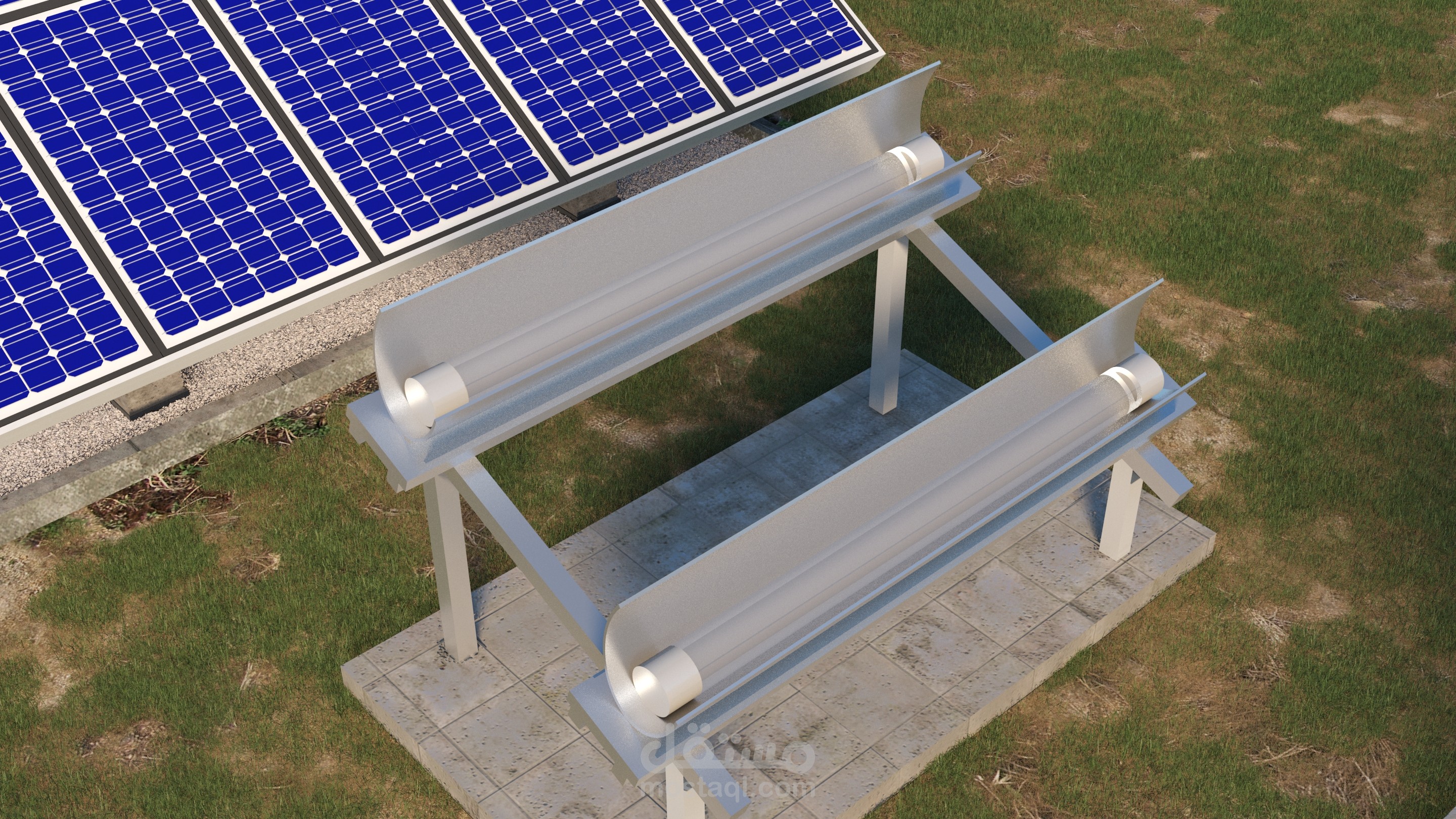 تصميم ثلاثي الأبعاد لمشروع بحثي لتوليد الكهرباء والتكييف المنزلي من الشمس