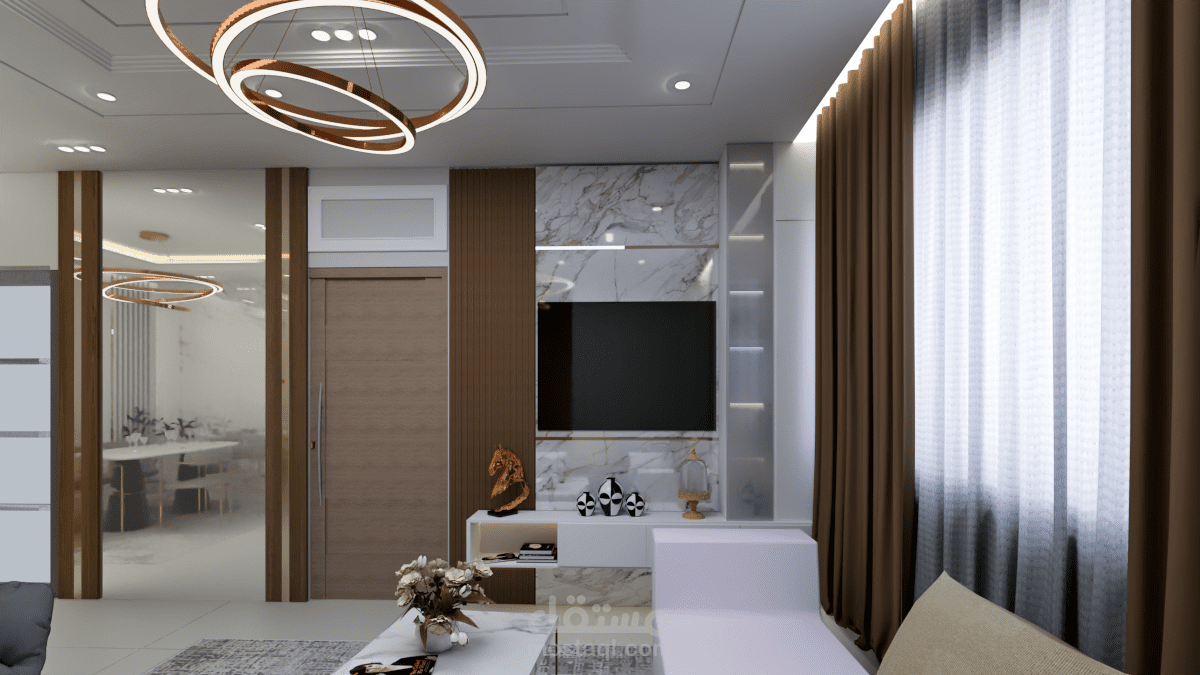 تصميم  مودرن لغرفة معيشة مع مكان الطعام